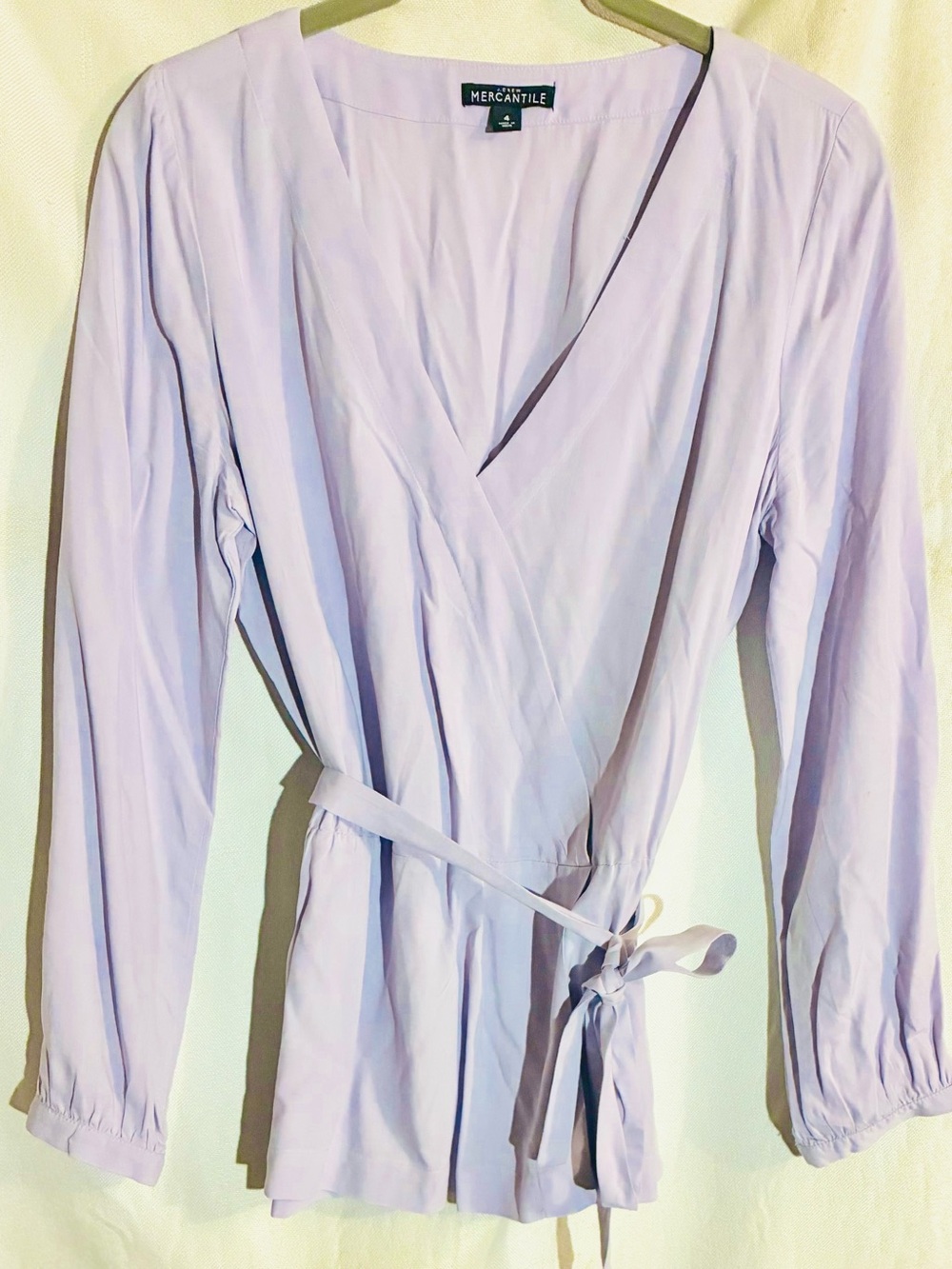 J Crew Purple Belted Blouse 4 Top Faux Wrap Long Slve Summer Staple minimalist